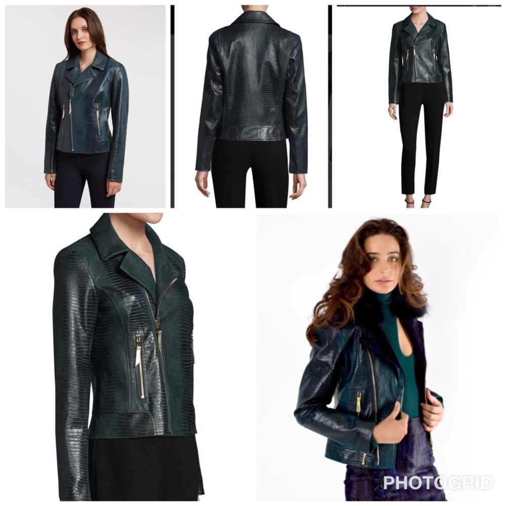 Elie Tahari Green Snake Print Leather Moto Jacket - Picture 7 of 8